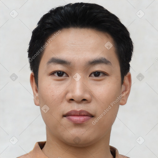 Neutral asian young-adult male with short  black hair and brown eyes