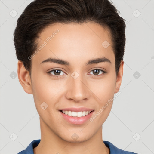 Joyful white young-adult female with short  brown hair and brown eyes