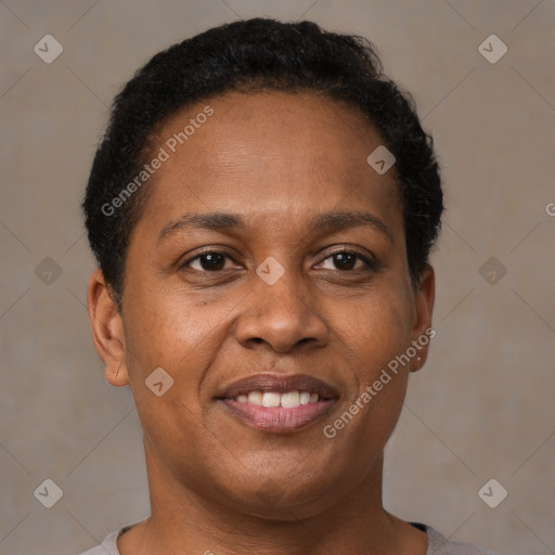 Joyful latino adult female with short  brown hair and brown eyes