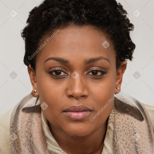 Neutral black young-adult female with short  brown hair and brown eyes