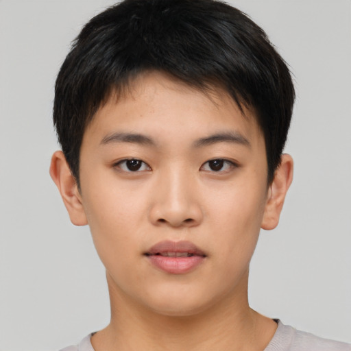Neutral asian young-adult male with short  brown hair and brown eyes