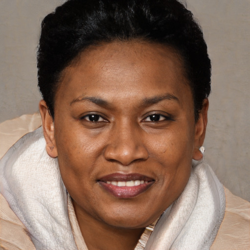 Joyful black adult female with short  brown hair and brown eyes