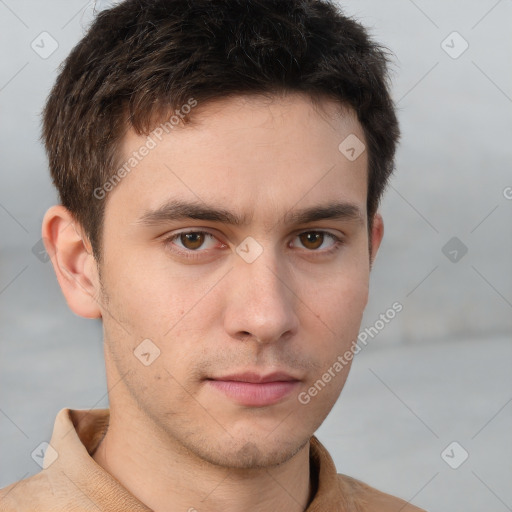 Neutral white young-adult male with short  brown hair and brown eyes