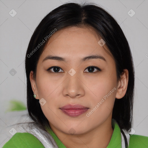 Neutral asian young-adult female with medium  brown hair and brown eyes
