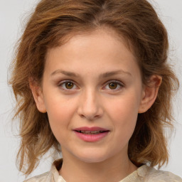 Joyful white child female with medium  brown hair and brown eyes