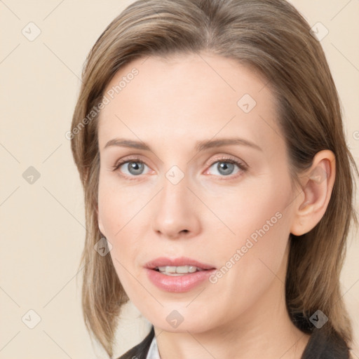 Neutral white young-adult female with medium  brown hair and grey eyes