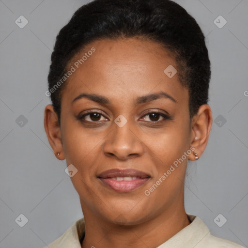 Joyful latino young-adult female with short  black hair and brown eyes