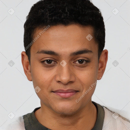 Joyful latino young-adult male with short  brown hair and brown eyes