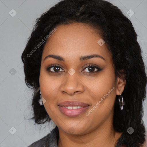 Joyful latino young-adult female with long  black hair and brown eyes