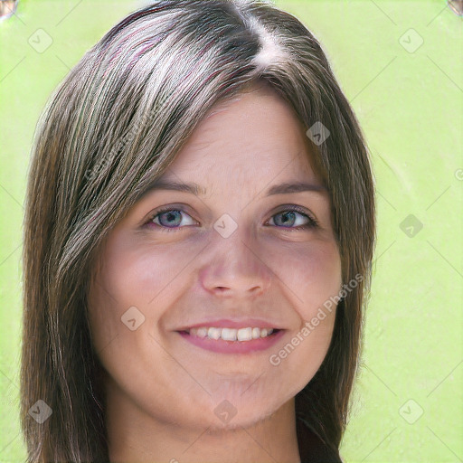 Joyful white young-adult female with long  brown hair and blue eyes