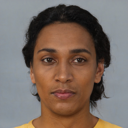 Neutral black young-adult female with short  black hair and brown eyes