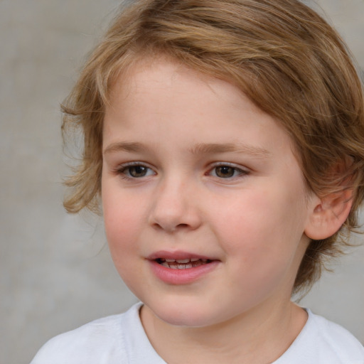 Joyful white child female with medium  brown hair and brown eyes