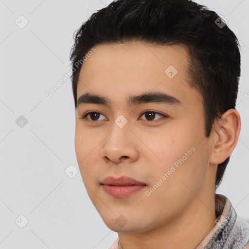 Neutral asian young-adult male with short  black hair and brown eyes