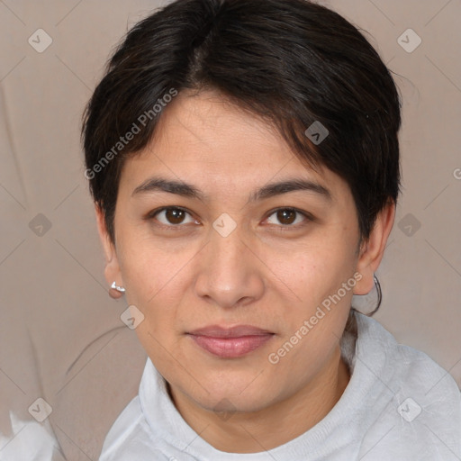 Joyful white young-adult female with medium  brown hair and brown eyes