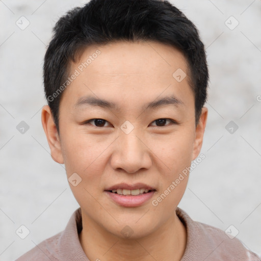 Joyful white young-adult male with short  black hair and brown eyes