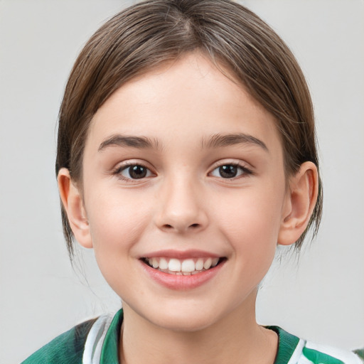 Joyful white child female with medium  brown hair and brown eyes