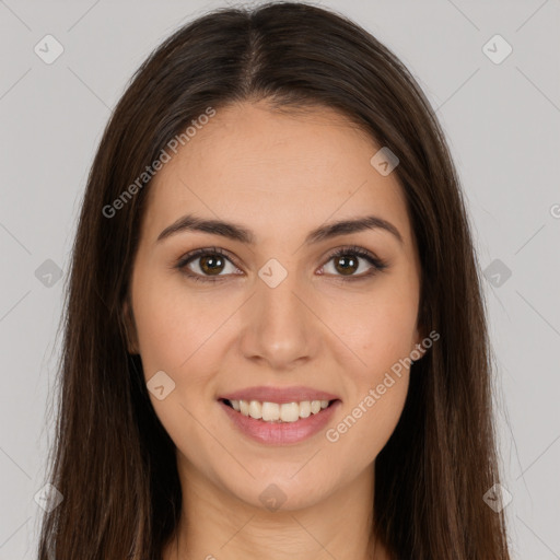 Joyful white young-adult female with long  brown hair and brown eyes