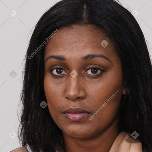 Neutral asian young-adult female with long  brown hair and brown eyes