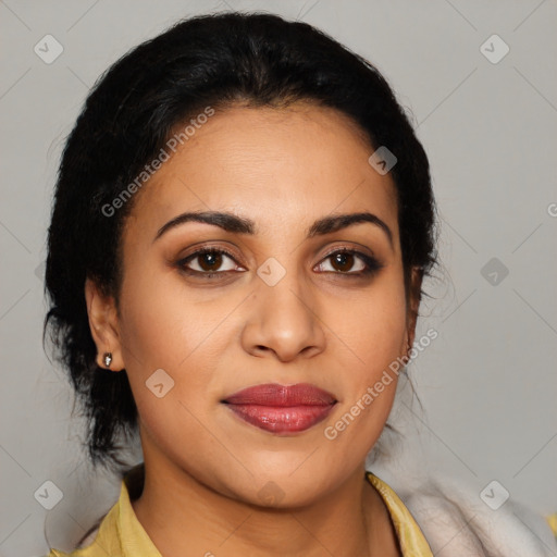 Joyful latino young-adult female with medium  black hair and brown eyes