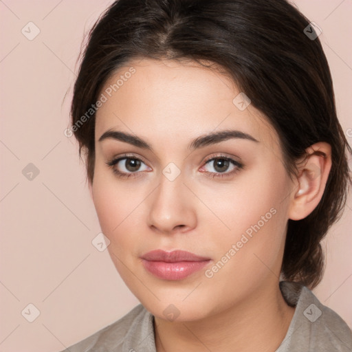 Neutral white young-adult female with medium  brown hair and brown eyes