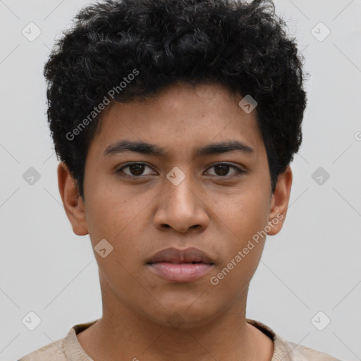 Neutral latino young-adult male with short  brown hair and brown eyes