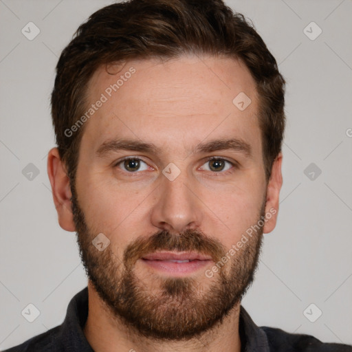 Neutral white young-adult male with short  brown hair and grey eyes