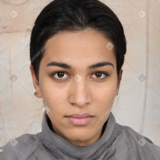 Neutral white young-adult female with short  brown hair and brown eyes