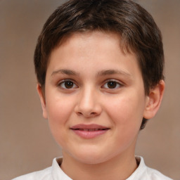 Joyful white child female with short  brown hair and brown eyes