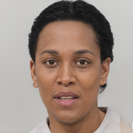 Joyful black adult female with short  black hair and brown eyes
