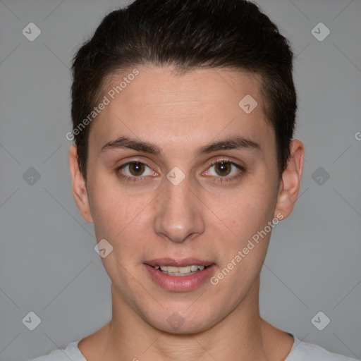 Joyful white young-adult female with short  brown hair and brown eyes