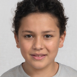 Joyful white child female with short  brown hair and brown eyes