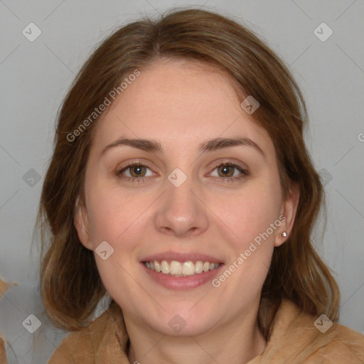 Joyful white young-adult female with medium  brown hair and blue eyes