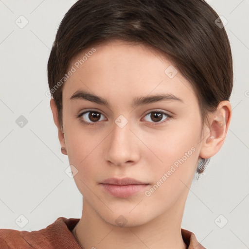 Neutral white young-adult female with short  brown hair and brown eyes