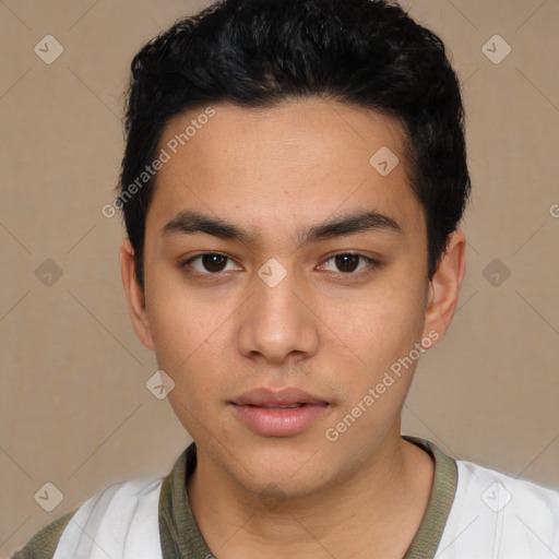 Neutral white young-adult male with short  black hair and brown eyes