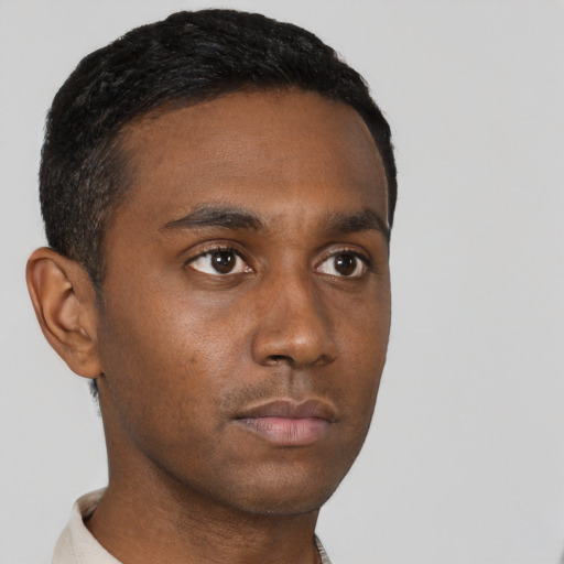 Neutral black young-adult male with short  black hair and brown eyes