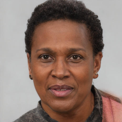 Neutral black adult female with short  brown hair and brown eyes