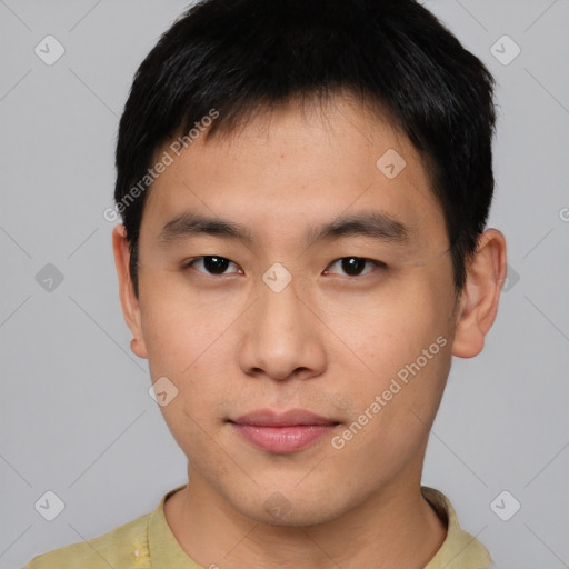 Neutral asian young-adult male with short  black hair and brown eyes