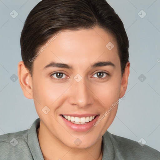 Joyful white young-adult female with short  brown hair and brown eyes