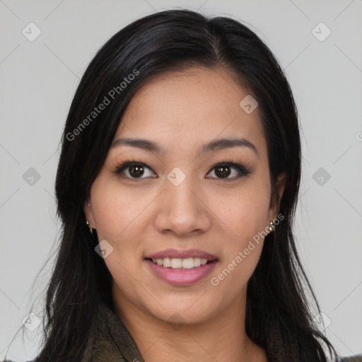 Joyful white young-adult female with long  brown hair and brown eyes