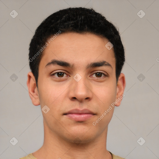 Neutral latino young-adult male with short  brown hair and brown eyes