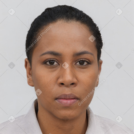 Neutral latino young-adult female with short  black hair and brown eyes