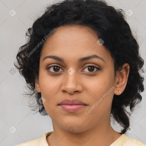 Joyful latino young-adult female with medium  black hair and brown eyes