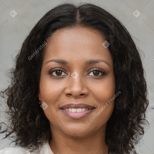 Joyful black young-adult female with medium  brown hair and brown eyes