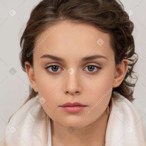 Neutral white young-adult female with medium  brown hair and brown eyes