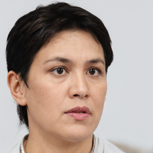 Neutral white young-adult female with short  brown hair and brown eyes