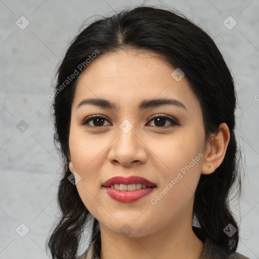 Joyful asian young-adult female with medium  black hair and brown eyes