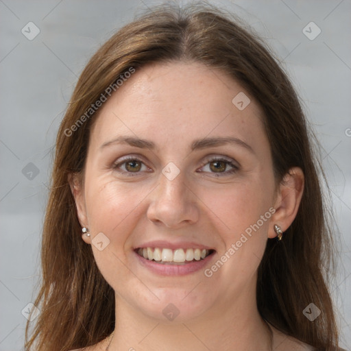 Joyful white young-adult female with long  brown hair and grey eyes