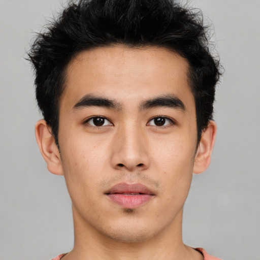Neutral asian young-adult male with short  black hair and brown eyes