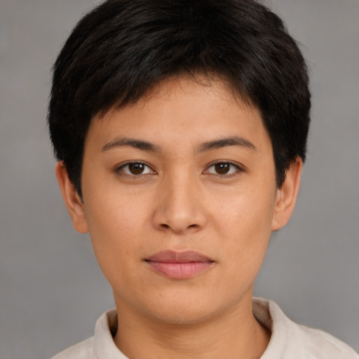 Neutral asian young-adult female with short  brown hair and brown eyes