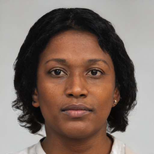 Neutral black young-adult female with medium  black hair and brown eyes